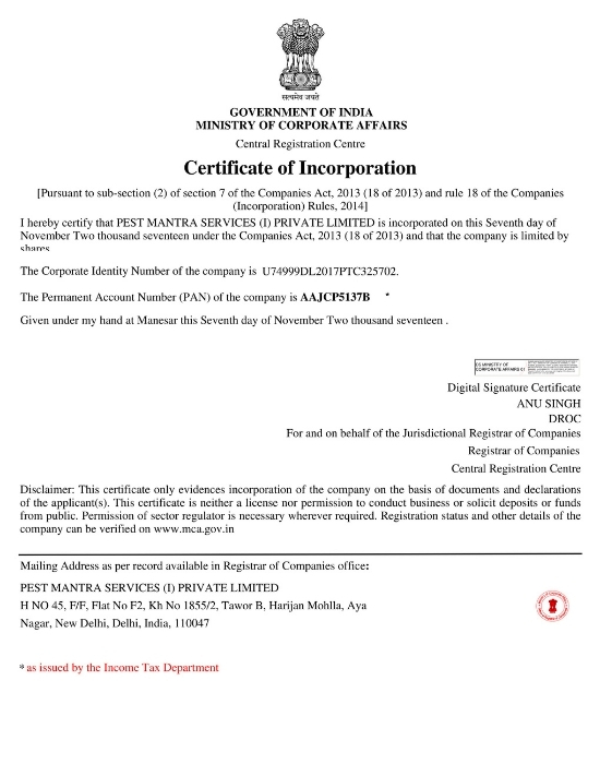 Pest Mantra Certificate Image